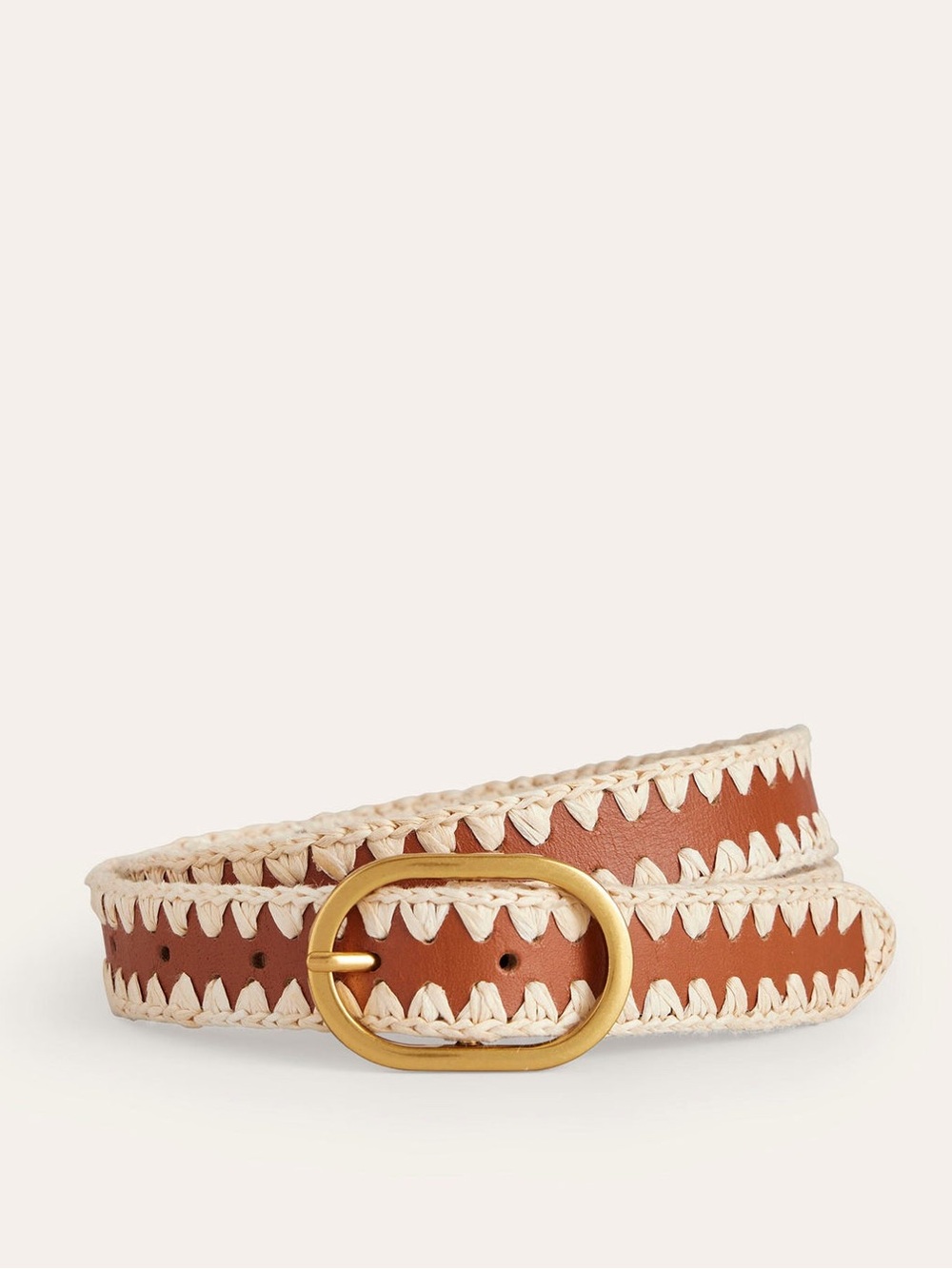 Boden Whipstitch Leather Belt in Tan and Cream with Gold Buckle